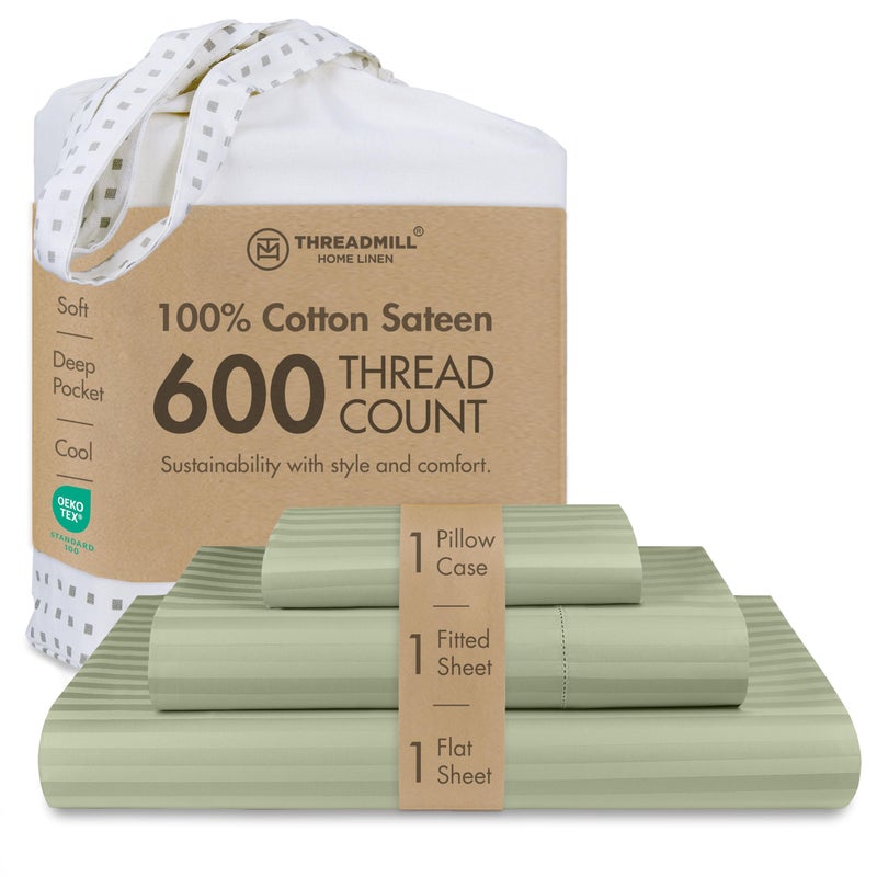 Threadmill 100% Cotton Sheets for Twin Size Bed - 600 Thread Count Twin Bed Sheets Set with 15â€ Deep Pocket - Damask Stripe Sateen Weave 3-Piece Bedding Set with Cooling Effect, Sage Green - Image 1